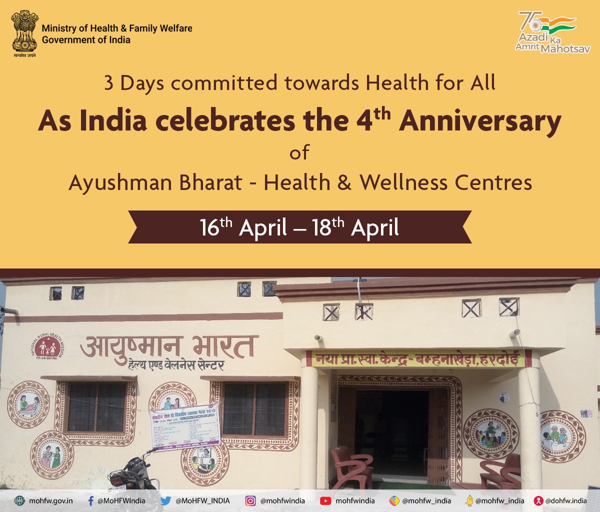 India Celebrates the 4th Anniversary of Ayushman Bharat -Health and Wellness Centres (16th April to 18th April)